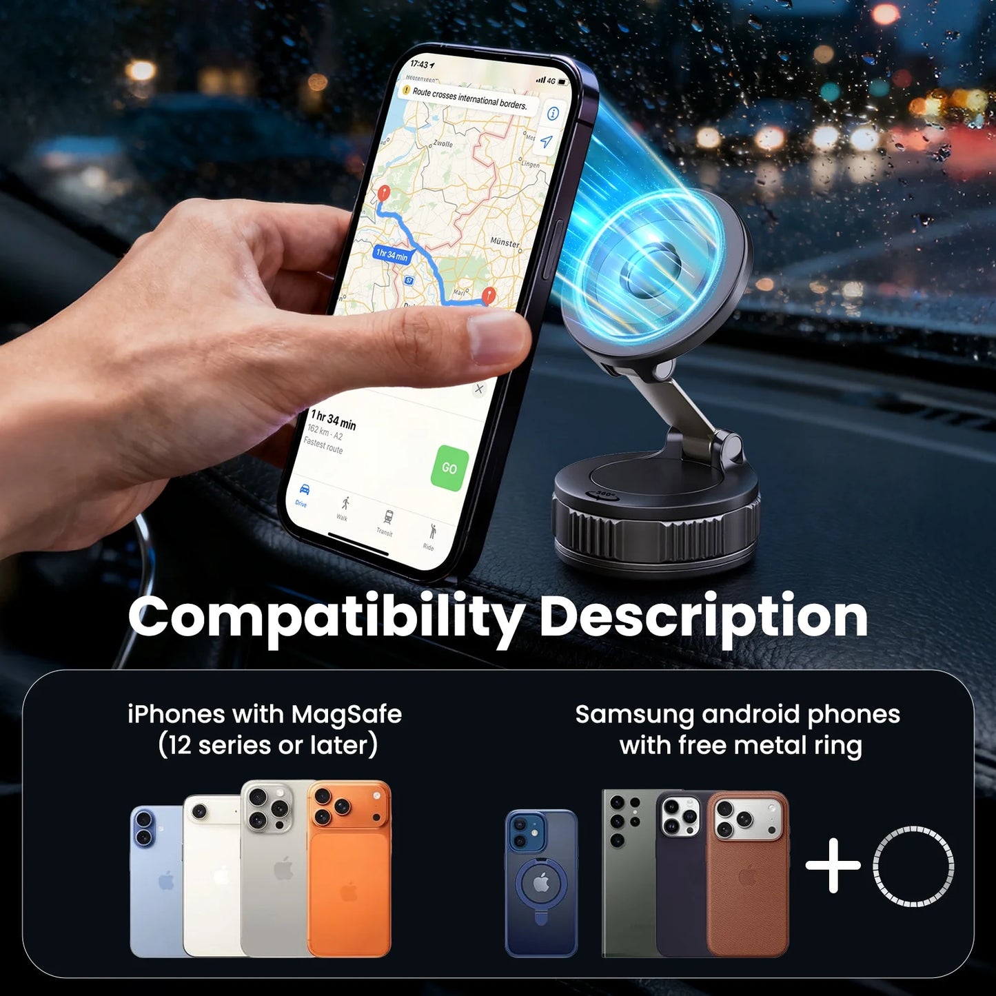 MagSafe 360° Adjustable Car Phone Mount - Compatible with iPhone 17 Pro Max, 16, 15, 14, 13, 12, and Air Plus - Essential Automotive Accessory