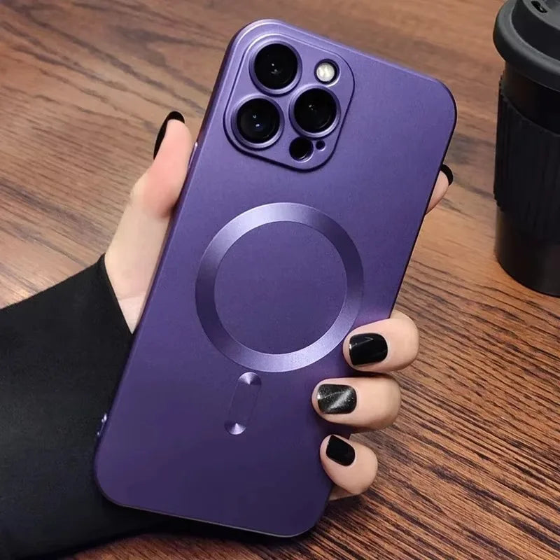 Magnetic Luxury Matte Wireless Charging Case with Glass Lens Protection for iPhone 12-17 Pro Max Series