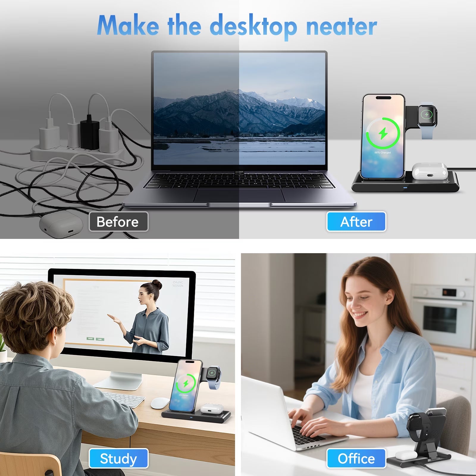 15W Wireless Charging Station - 3-in-1 Fast Charger for iPhone 17/16/15/14/13/12/11 Pro Max, XS, XR, X, 8, Compatible with Apple Watch and AirPods (4/3/Pro) - Adapter Not Included