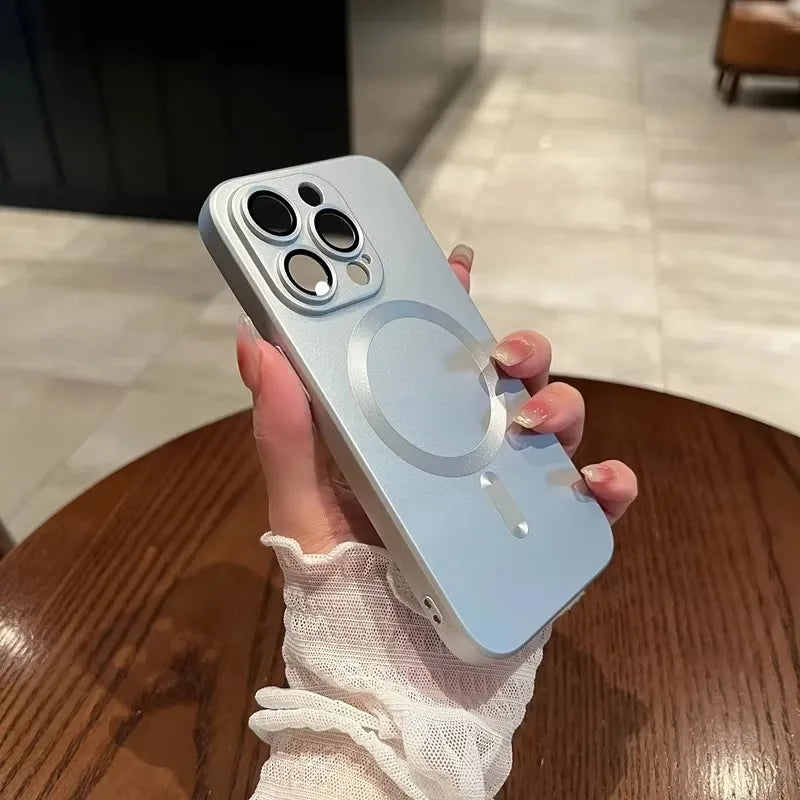 Magnetic Luxury Matte Wireless Charging Case with Glass Lens Protection for iPhone 12-17 Pro Max Series