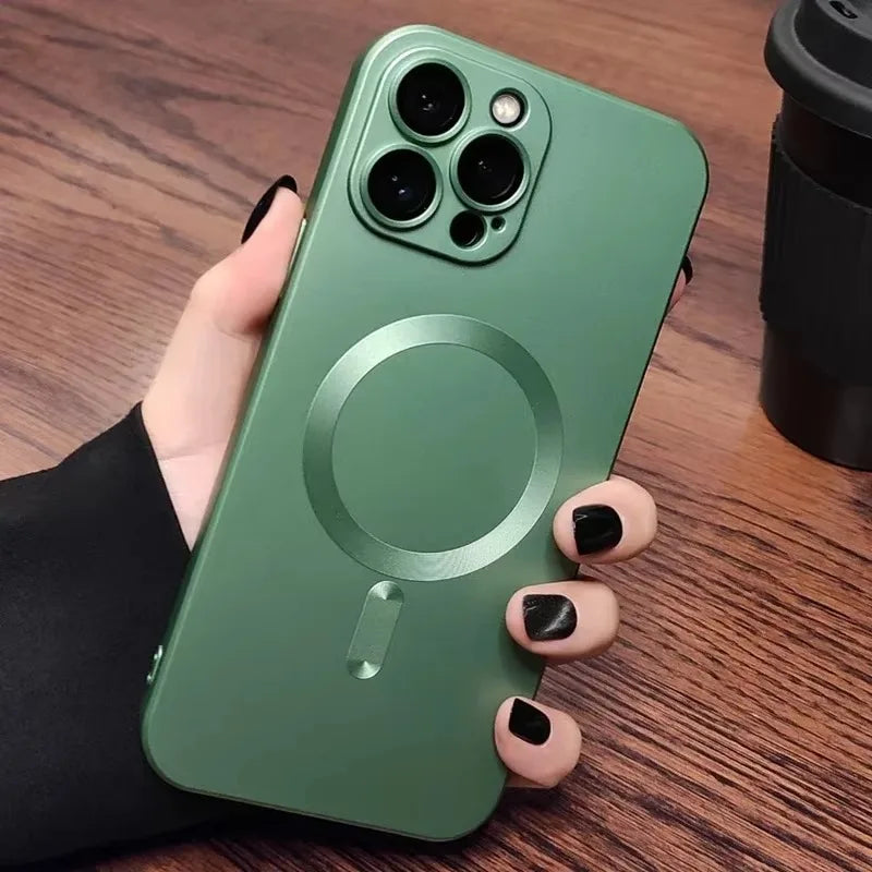 Magnetic Luxury Matte Wireless Charging Case with Glass Lens Protection for iPhone 12-17 Pro Max Series