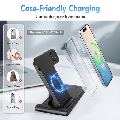 15W Wireless Charging Station - 3-in-1 Fast Charger for iPhone 17/16/15/14/13/12/11 Pro Max, XS, XR, X, 8, Compatible with Apple Watch and AirPods (4/3/Pro) - Adapter Not Included