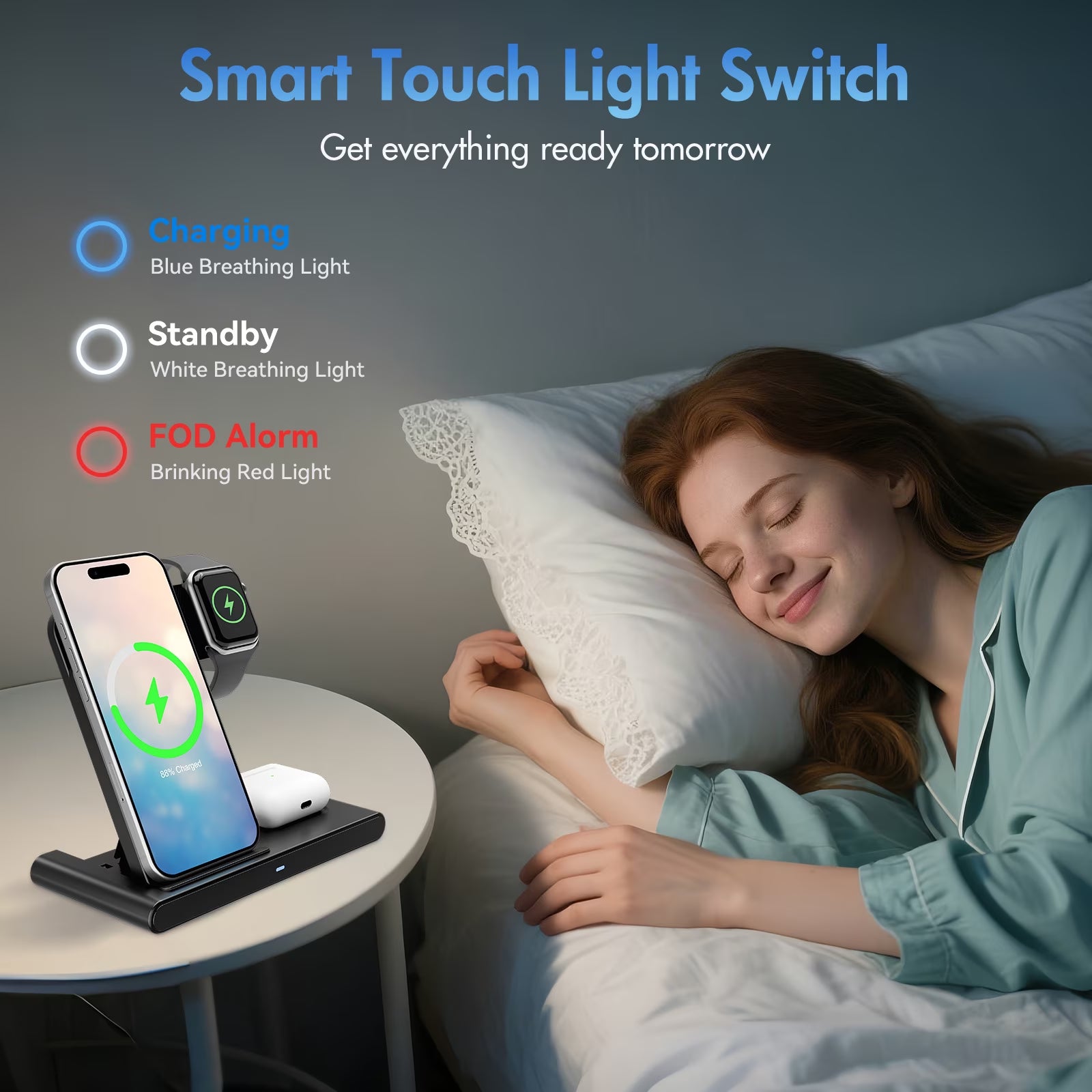 15W Wireless Charging Station - 3-in-1 Fast Charger for iPhone 17/16/15/14/13/12/11 Pro Max, XS, XR, X, 8, Compatible with Apple Watch and AirPods (4/3/Pro) - Adapter Not Included