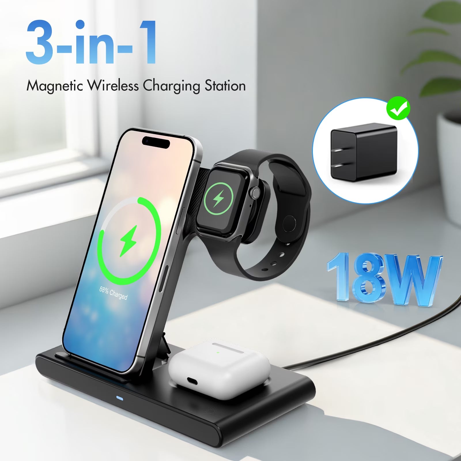 15W Wireless Charging Station - 3-in-1 Fast Charger for iPhone 17/16/15/14/13/12/11 Pro Max, XS, XR, X, 8, Compatible with Apple Watch and AirPods (4/3/Pro) - Adapter Not Included