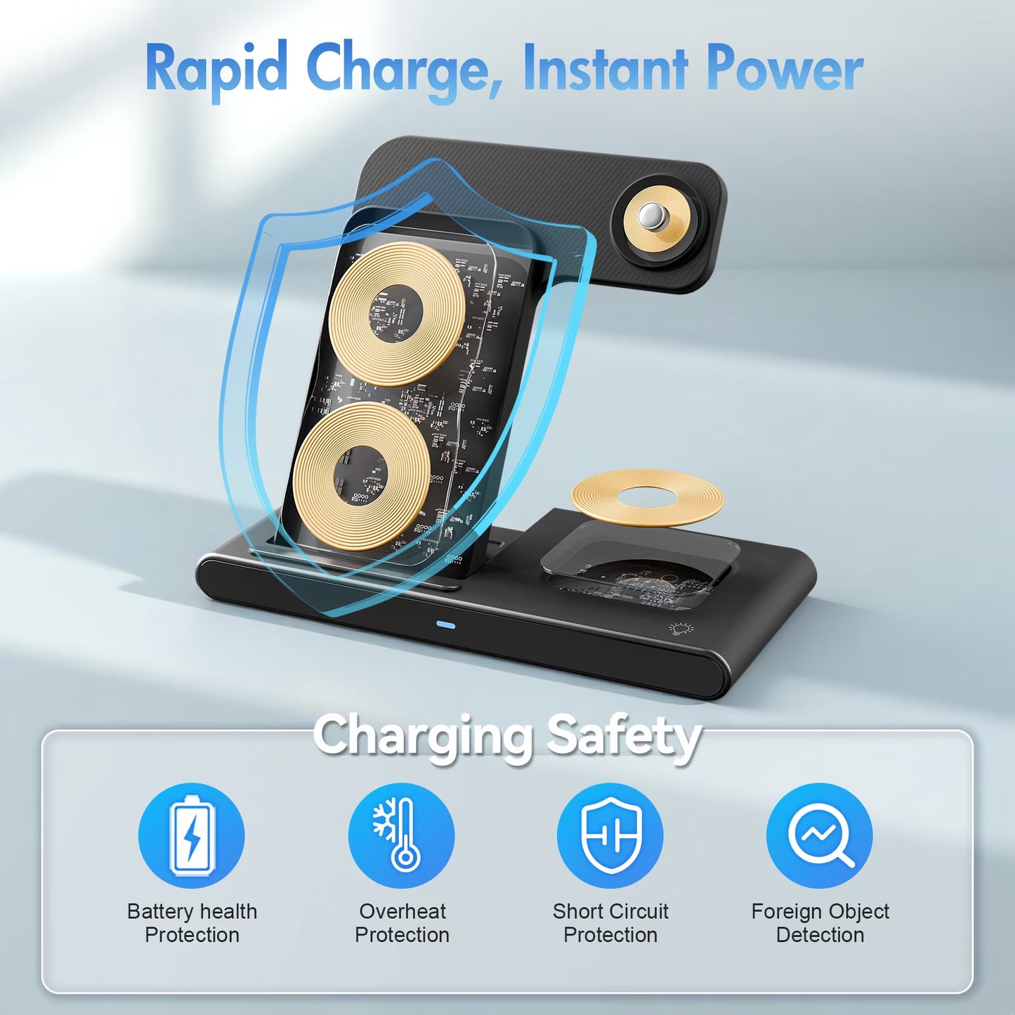 15W Wireless Charging Station - 3-in-1 Fast Charger for iPhone 17/16/15/14/13/12/11 Pro Max, XS, XR, X, 8, Compatible with Apple Watch and AirPods (4/3/Pro) - Adapter Not Included