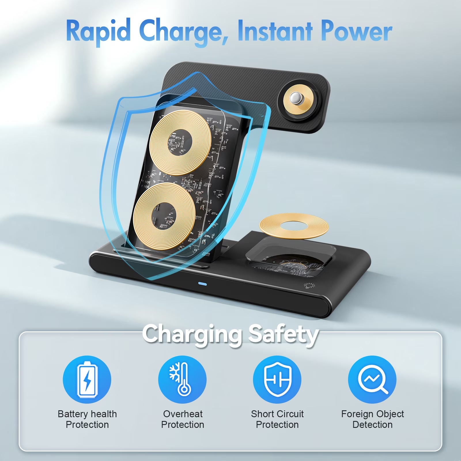 15W Wireless Charging Station - 3-in-1 Fast Charger for iPhone 17/16/15/14/13/12/11 Pro Max, XS, XR, X, 8, Compatible with Apple Watch and AirPods (4/3/Pro) - Adapter Not Included