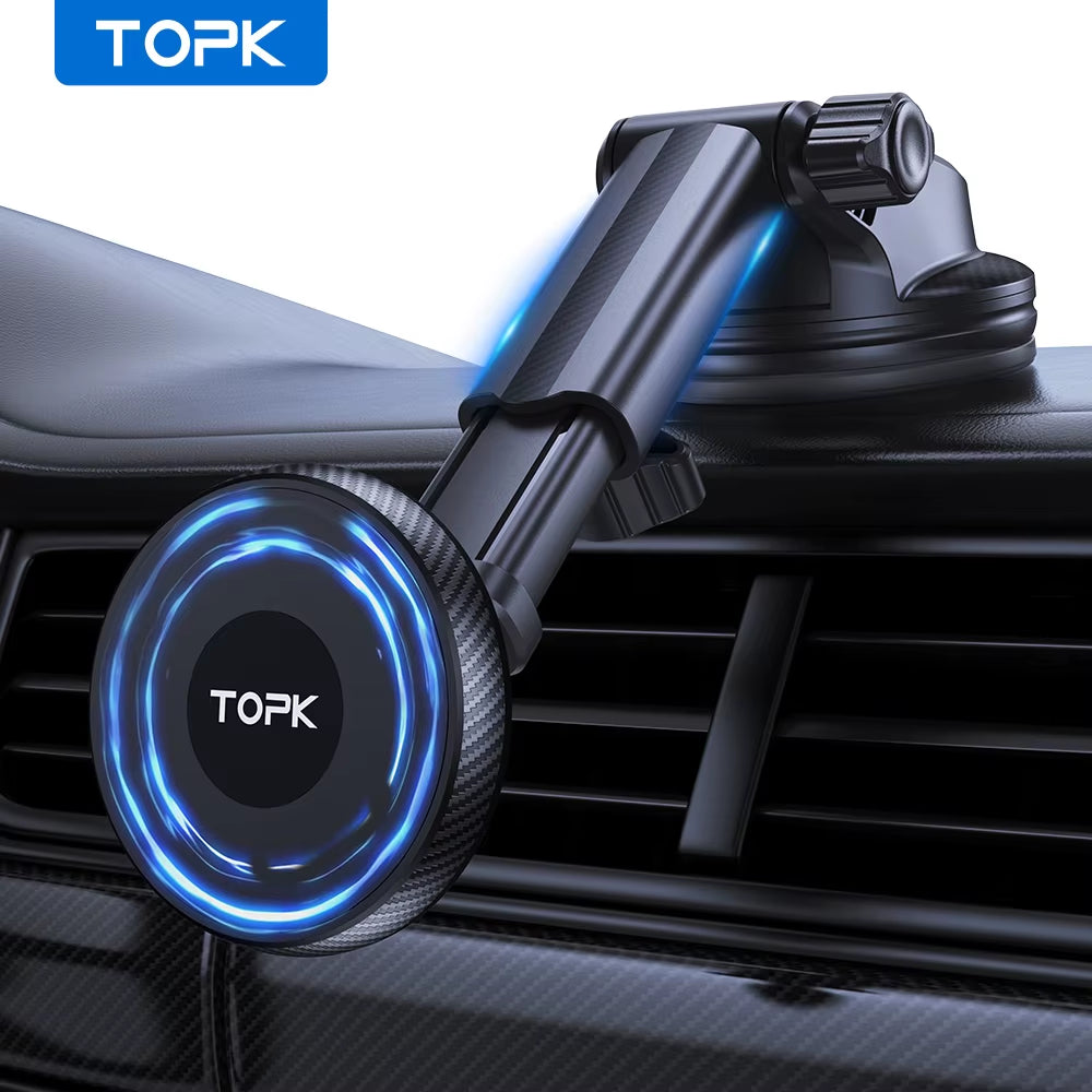 TOPK Magnetic Car Phone Holder with Adjustable Long Arm for Windshield and Dashboard - Enhanced Suction Mount Stability