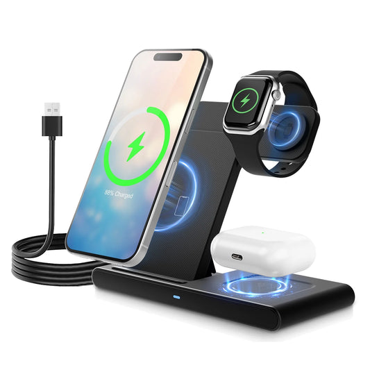 15W Wireless Charging Station - 3-in-1 Fast Charger for iPhone 17/16/15/14/13/12/11 Pro Max, XS, XR, X, 8, Compatible with Apple Watch and AirPods (4/3/Pro) - Adapter Not Included