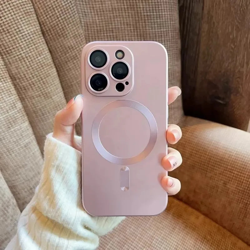 Magnetic Luxury Matte Wireless Charging Case with Glass Lens Protection for iPhone 12-17 Pro Max Series