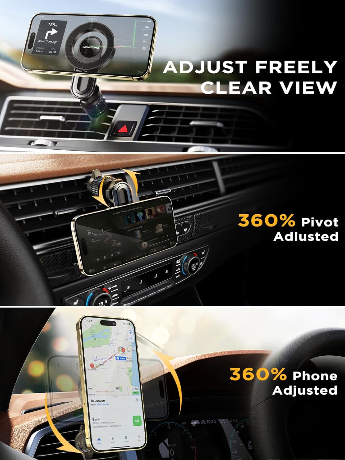 MagSafe Car Vent Mount with Durable Metal Hook, 360° Adjustable Strong Magnetic Phone Holder Compatible with All Smartphones and Vehicle Models