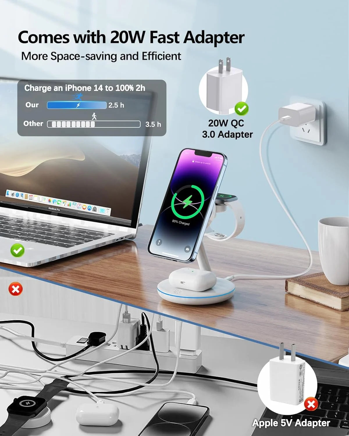 3-in-1 Magnetic Charging Station with 18W MagSafe Fast Charger for iPhone 15/14/13/12 Series and AirPods 2/3/Pro (Includes Adapter)