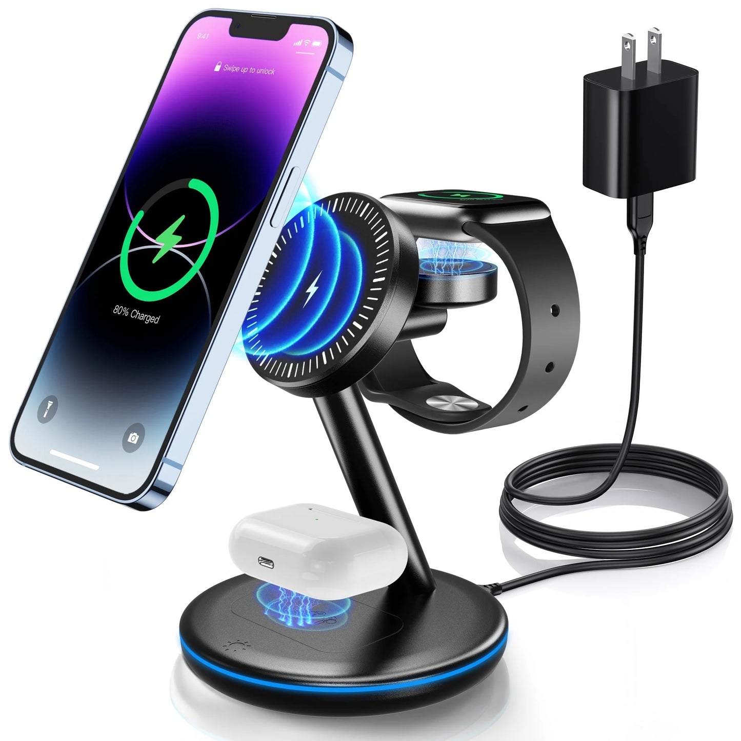 3-in-1 Magnetic Charging Station with 18W MagSafe Fast Charger for iPhone 15/14/13/12 Series and AirPods 2/3/Pro (Includes Adapter)