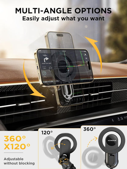 MagSafe Car Vent Mount with Durable Metal Hook, 360° Adjustable Strong Magnetic Phone Holder Compatible with All Smartphones and Vehicle Models