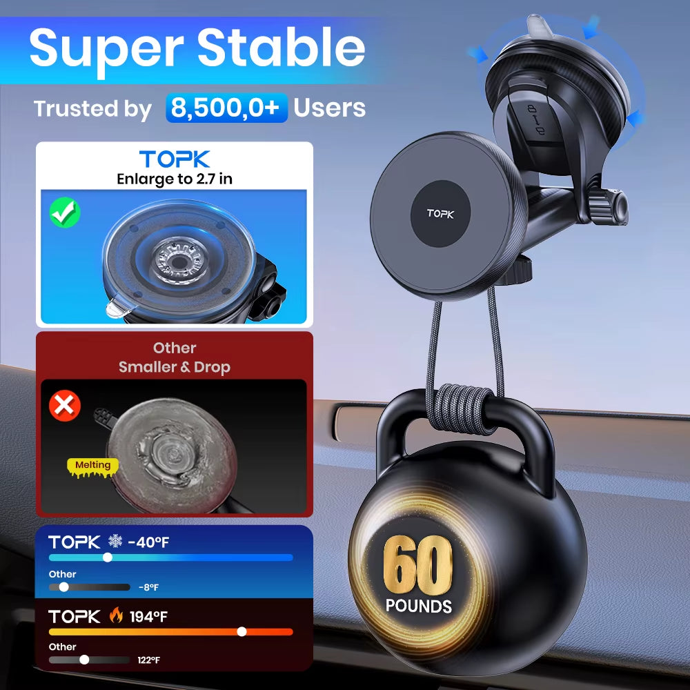 TOPK Magnetic Car Phone Holder with Adjustable Long Arm for Windshield and Dashboard - Enhanced Suction Mount Stability